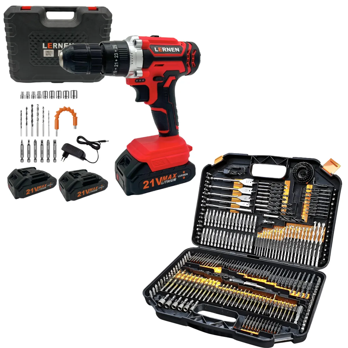 LERNEN - Pack Taladro Percutor Inalámbrico 21v 2 Baterías 246 Brocas