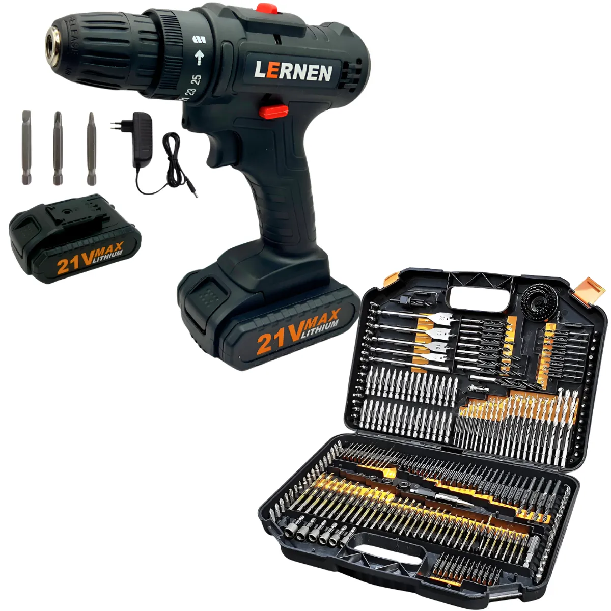 LERNEN - Pack Taladro Destornillador Inalámbrico 21v + Set 246 Brocas