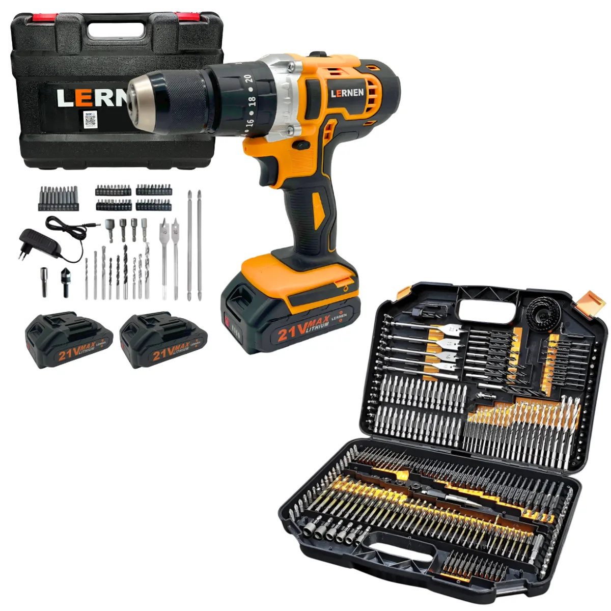 LERNEN - Pack Taladro Inalámbrico Percutor 13mm 2 Baterías 246 Brocas