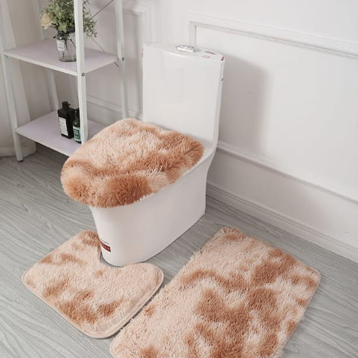 GENERICO - JUEGO DE BAÑO PELUDITOS DE COLOR BEIGE JASPEADA 3 PIEZAS