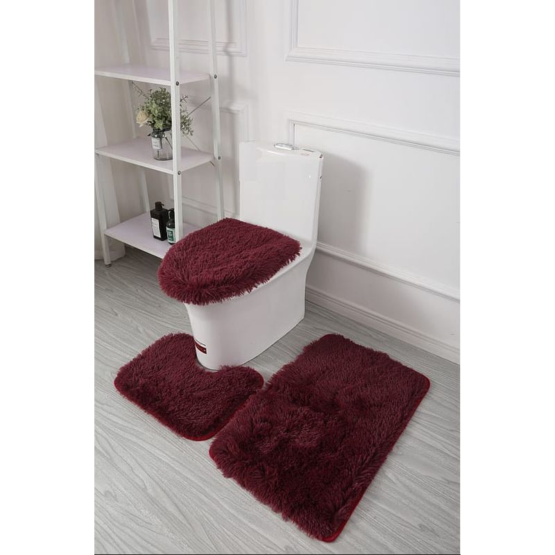 GENERICO - JUEGO DE BAÑO PELUDITOS DE COLOR VINOTINTO 3 PIEZAS