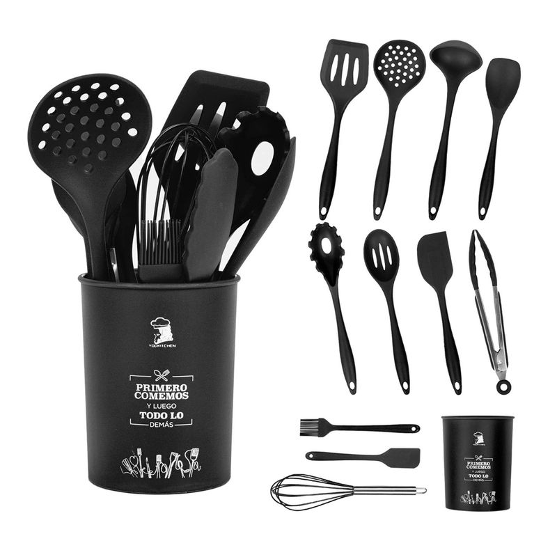GENERICO - Set 12 Utensilios De Silicona De Cocina - Negro