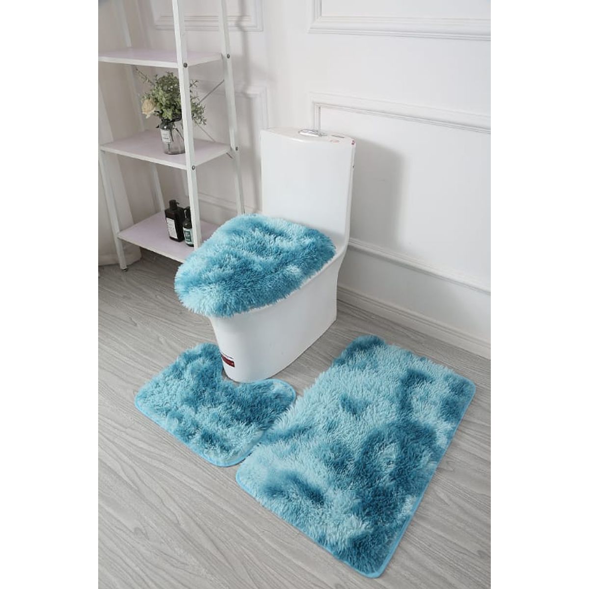 GENERICO - JUEGO DE BAÑO PELUDITOS DE COLOR AZUL JASPEADA 3 PIEZAS