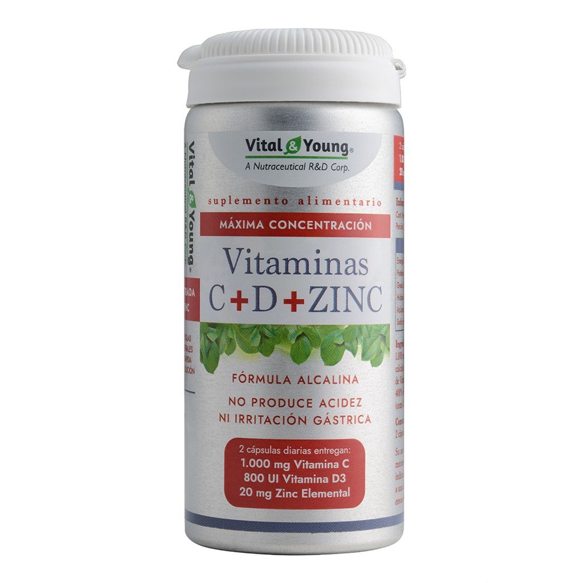 VITAL AND YOUNG - Vitaminas C + D + Zinc Vy 60 Capsulas. Sin Acidez Sin Irritacion.
