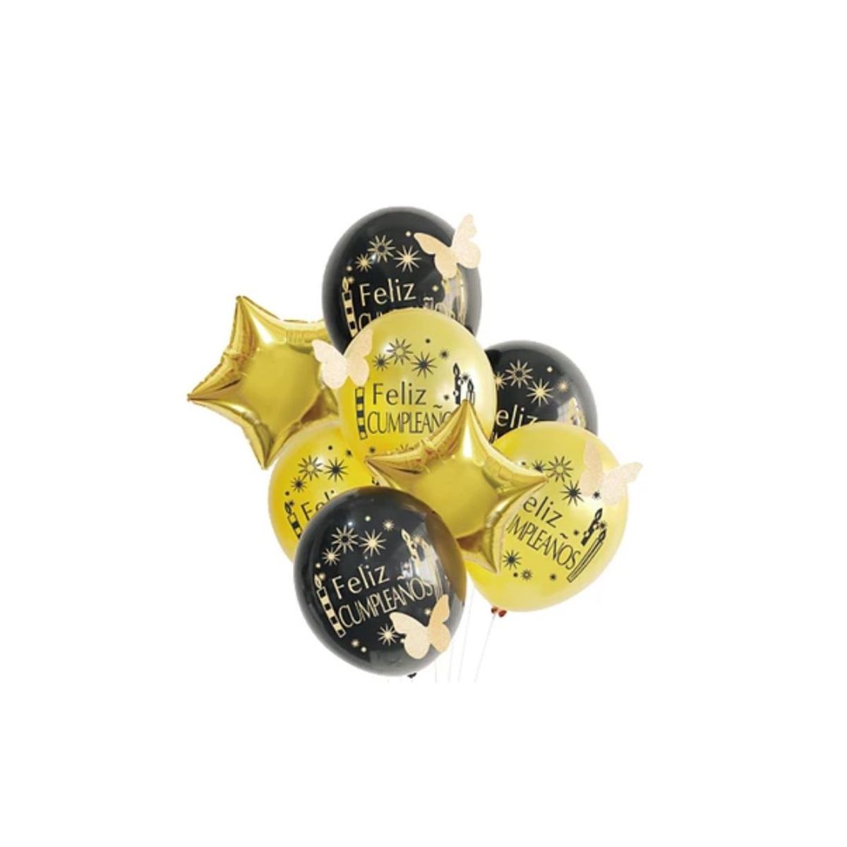 GENERICO - Globos Feliz Cumpleaños Dorado Negro Mariposa 8 Pcs 30 Cm