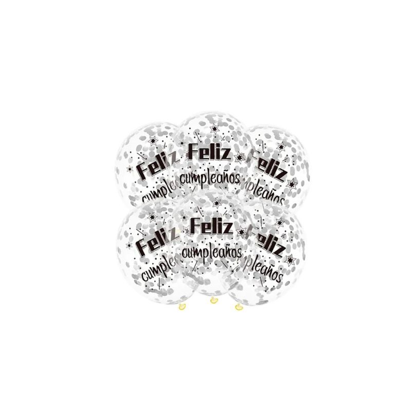 GENERICO - Globos Látex Feliz Cumpleaños Con Confeti Plateado 6pcs