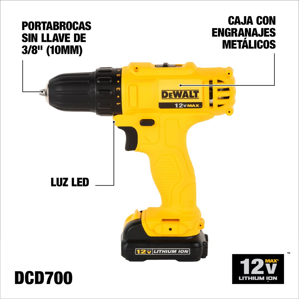 DEWALT - Taladro Atornillador 12V 3/8" + Caja Magnética 15Pzas DEWALT
