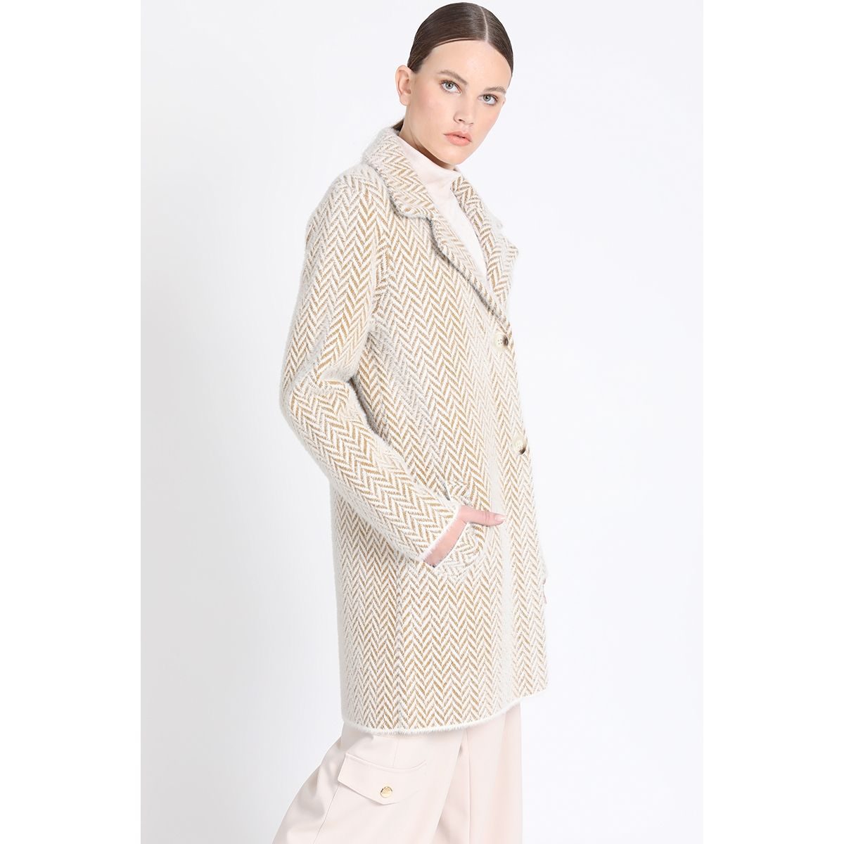 LIOLA - Chaqueton Recto Tejido Punto Zig Zag, Beige Liola