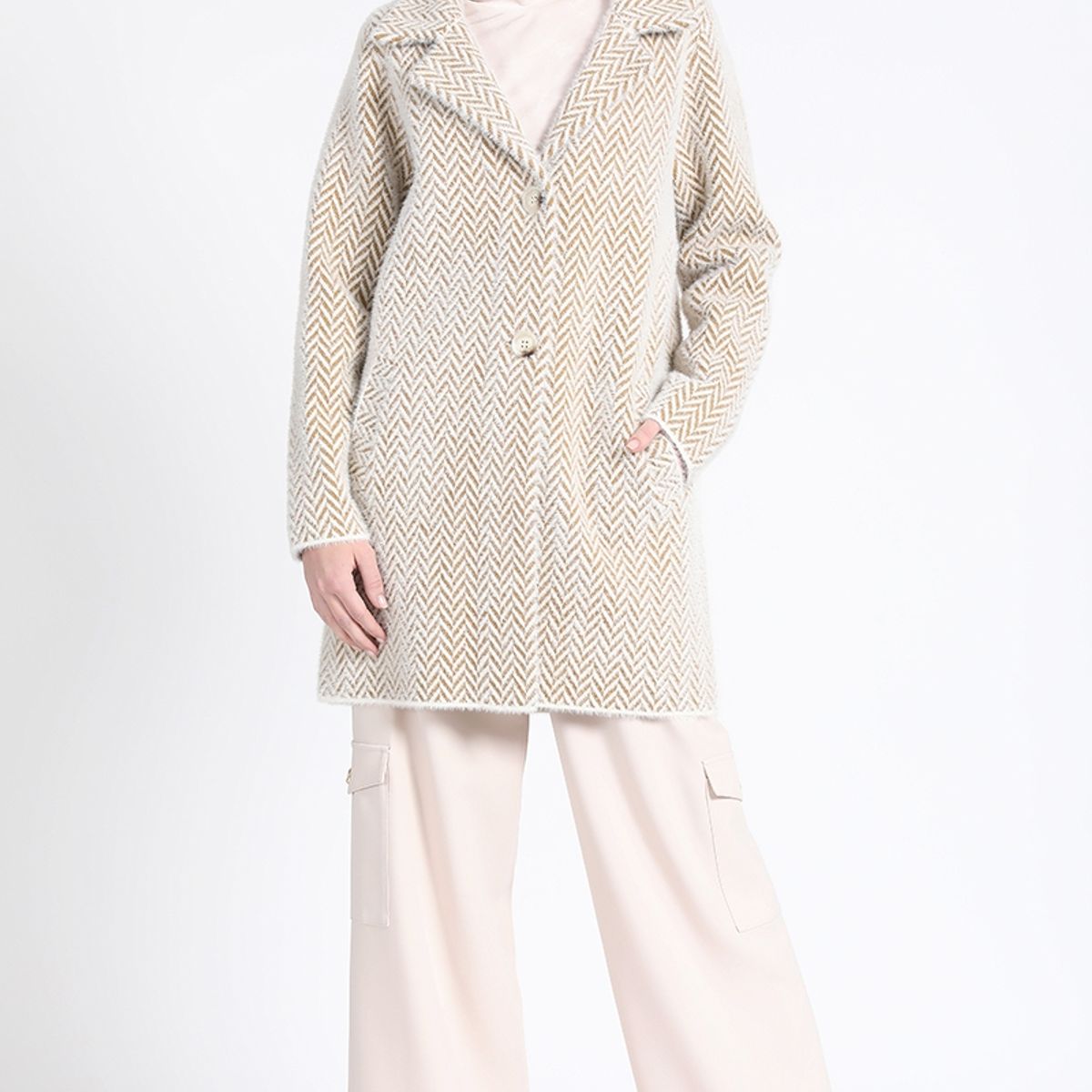 LIOLA - Chaqueton Recto Tejido Punto Zig Zag, Beige Liola