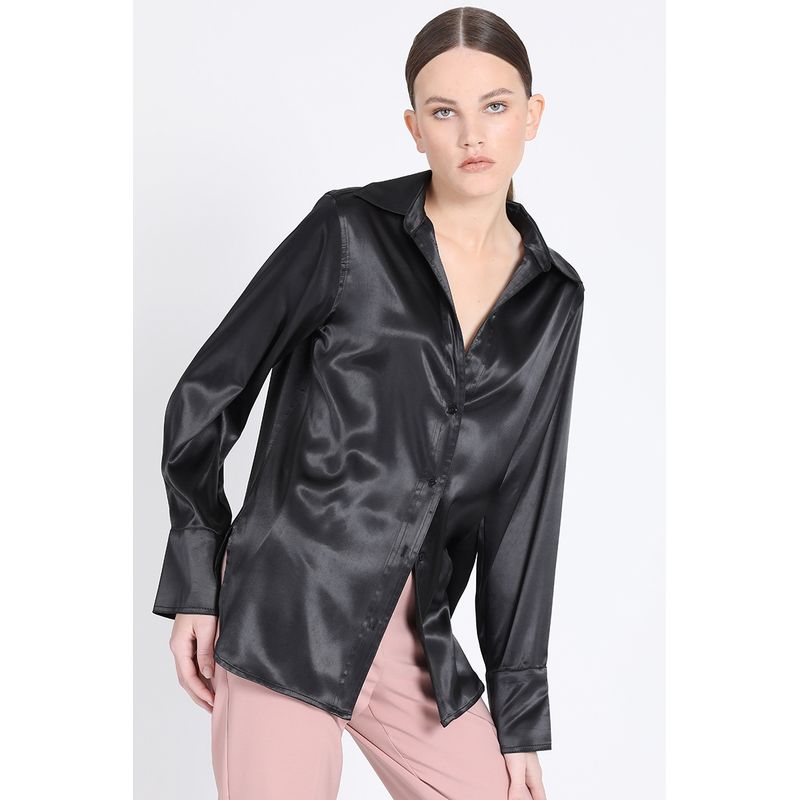 LIOLA - Camisa Puño Ancho Satin Negro Liola