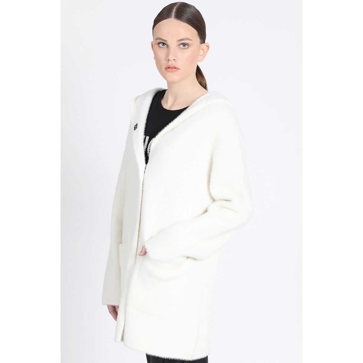 LIOLA - Chaqueton Recto Tejido Punto Capucha, Crudo Liola