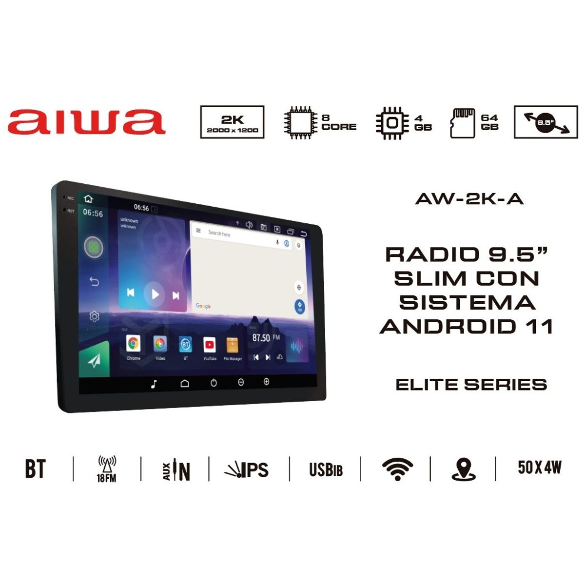 AIWA - Radio Auto Android Resolución 2k Con 4gb Ram Aw-2k
