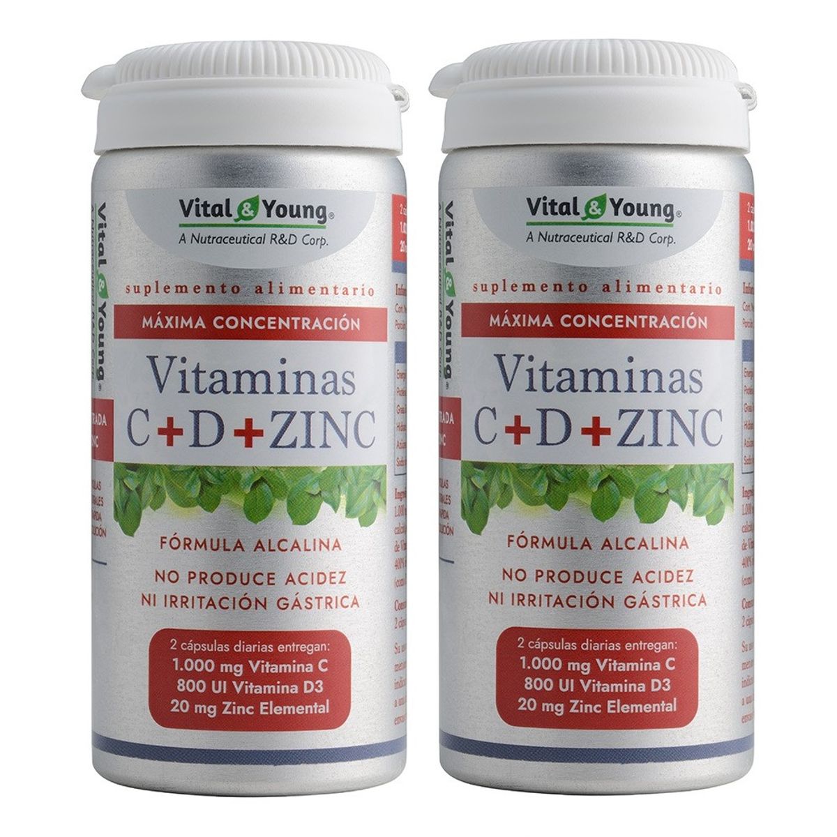 VITAL AND YOUNG - Vitaminas C + D + Zinc Vy 120 Capsulas 2X60. Sin Acidez.