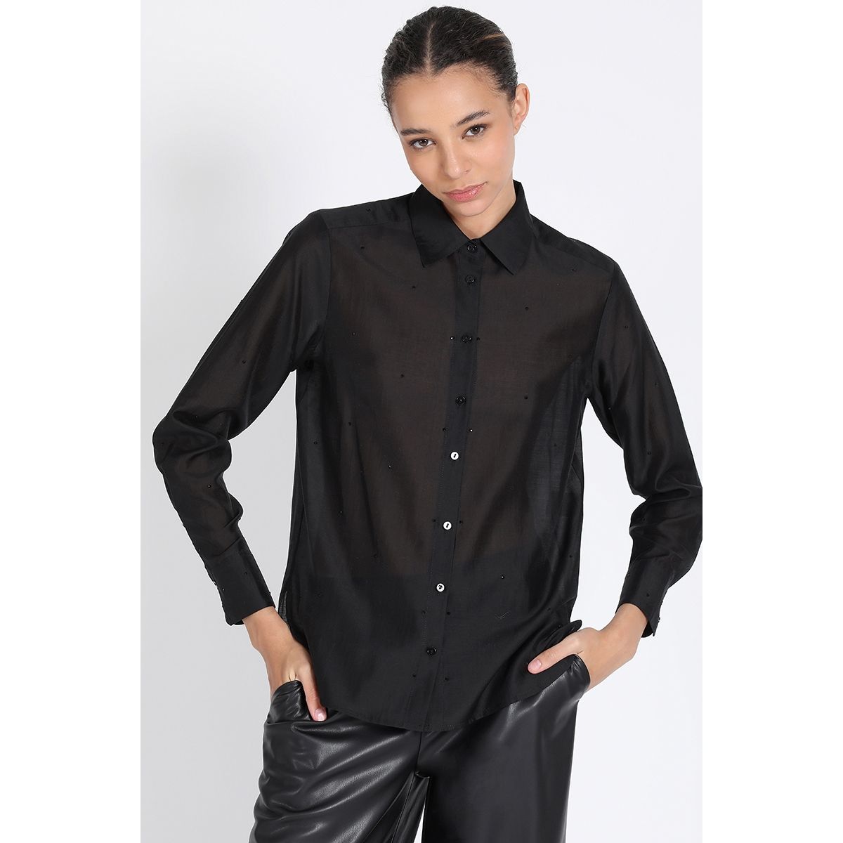 LIOLA - Camisa Semi Transparente Con Strass, Negro Liola