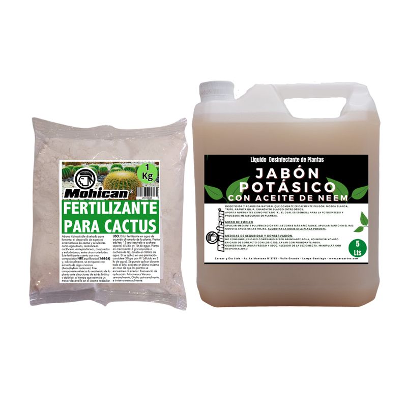 MOHICAN - PROMO JABÓN POTÁSICO ACEITE NEEM 5LTS + FERTI CACTUS  1KG