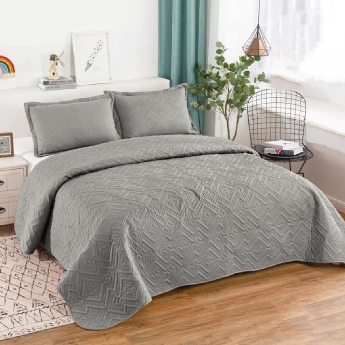 GENERICO - CUBRECAMA MODELO QUILT EN TAMAÑO KING COLOR GRIS TF