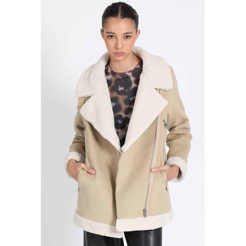 LIOLA - Chaqueta Larga Biker, Doble Faz Efecto Piel, Beige Liola