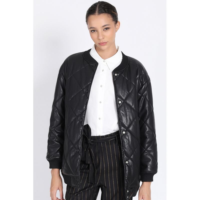 LIOLA - Chaqueta Bomber Acolchado Efecto Cuero, Negro Liola