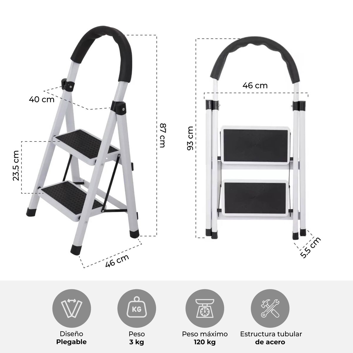 HALTEN - Escalera Taburete Plegable Halten 2 Peldaños Antideslizantes
