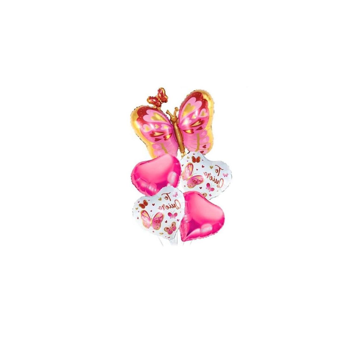 GENERICO - Set De Globos Metálicos Corazones Y Mariposa Rosa 5pcs