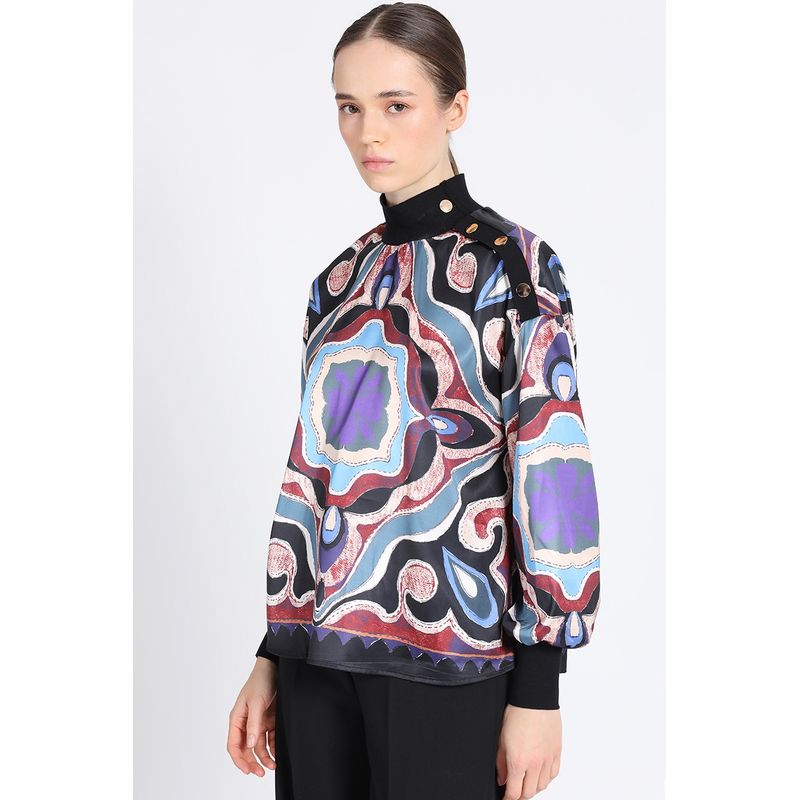 LIOLA - Blusa Cerrada Satin Estampado, Negro Liola