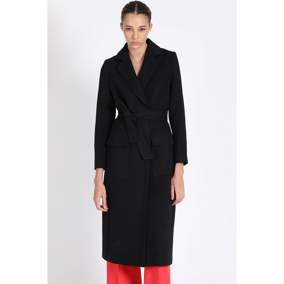 LIOLA - Abrigo Largo Con Lazo, Muflon Negro Liola