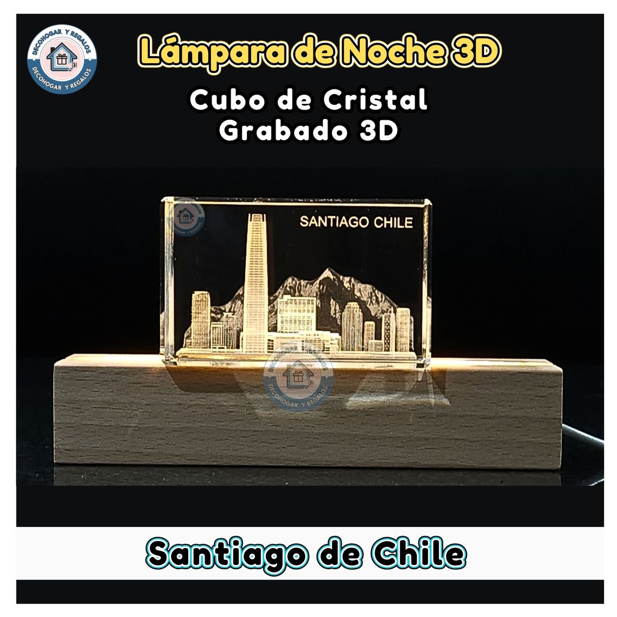 GENERICO - Lámpara de Noche Led Cubo de Bola de Cristal Grabado 3D de Santiago