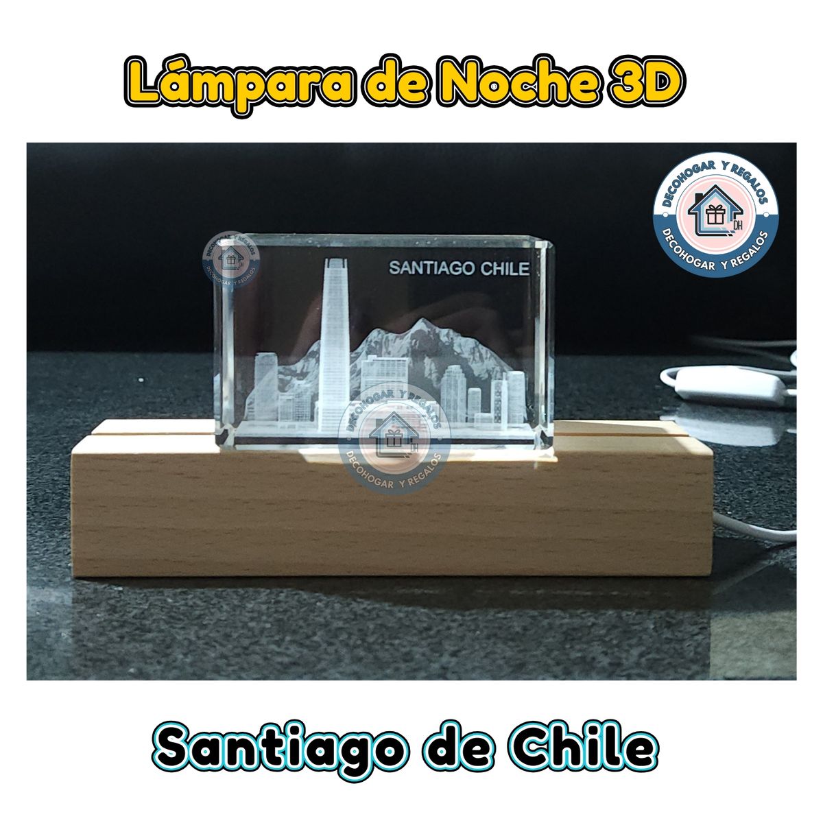 GENERICO - Lámpara de Noche Led Cubo de Bola de Cristal Grabado 3D de Santiago