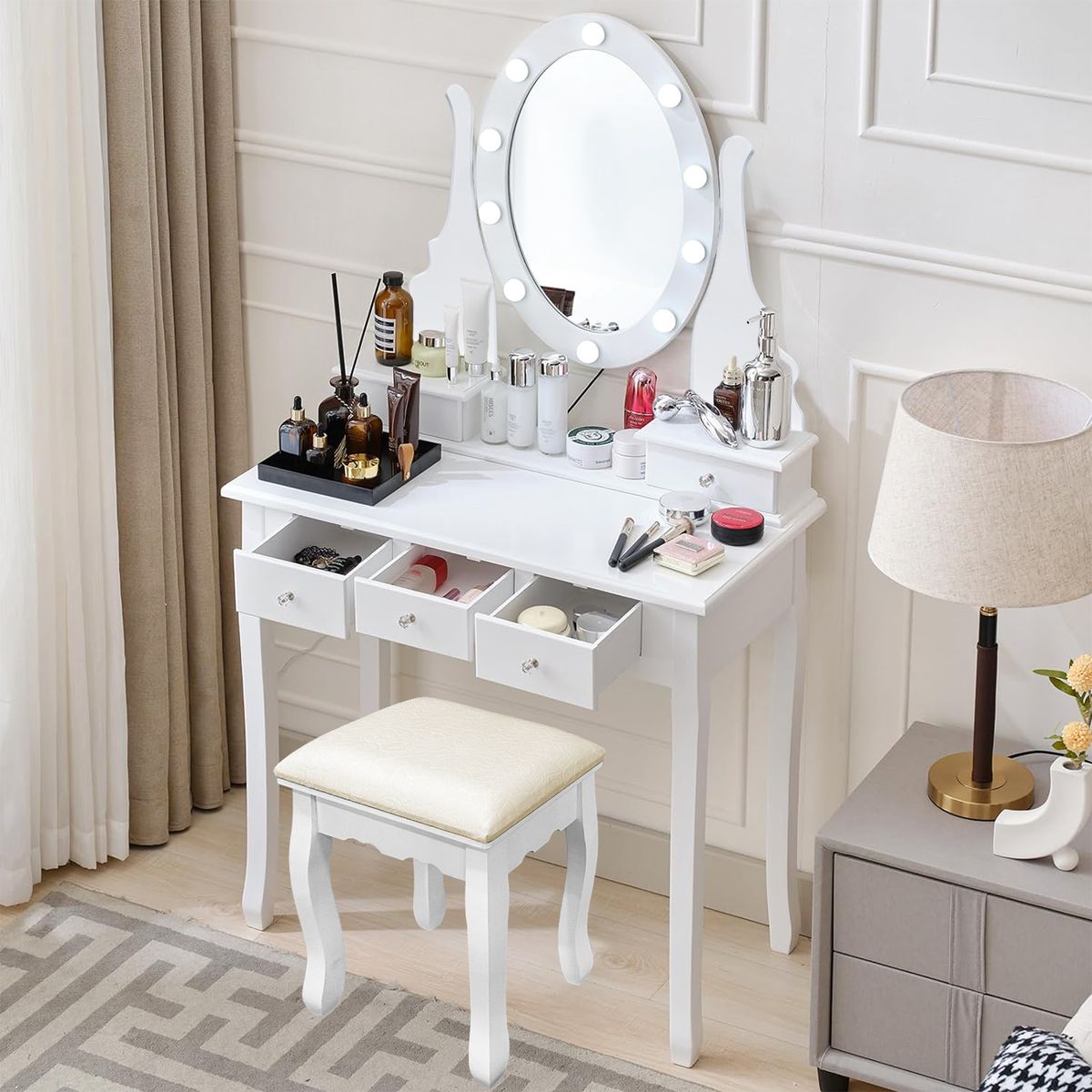 ELEMENT DESIGN - Tocador con espejo iluminado y taburete acolchado blanco