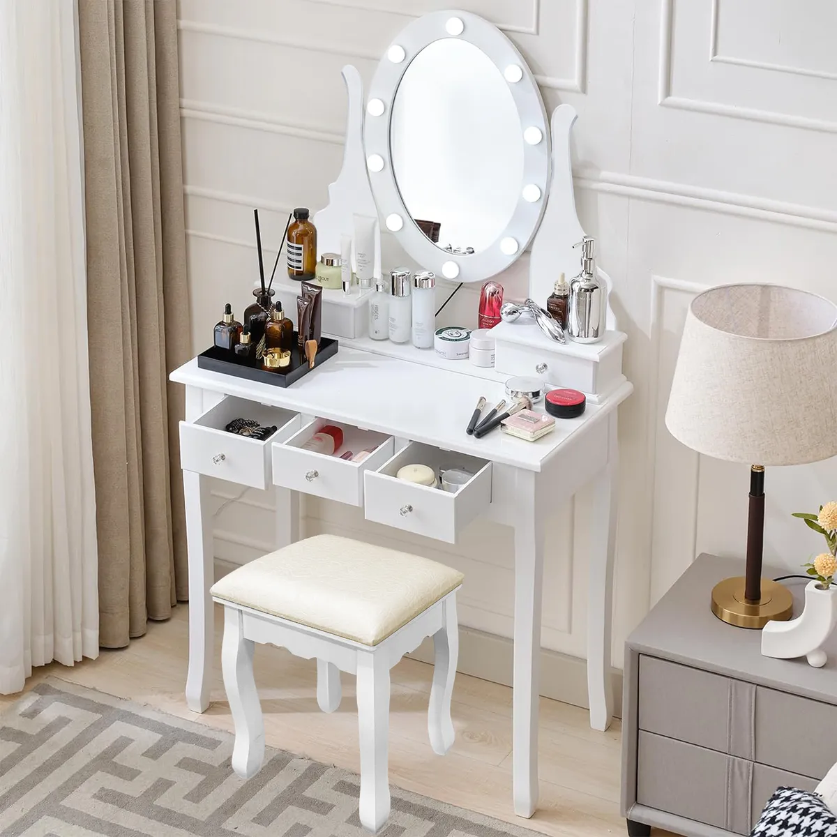 ELEMENT DESIGN - Tocador con espejo iluminado y taburete acolchado blanco