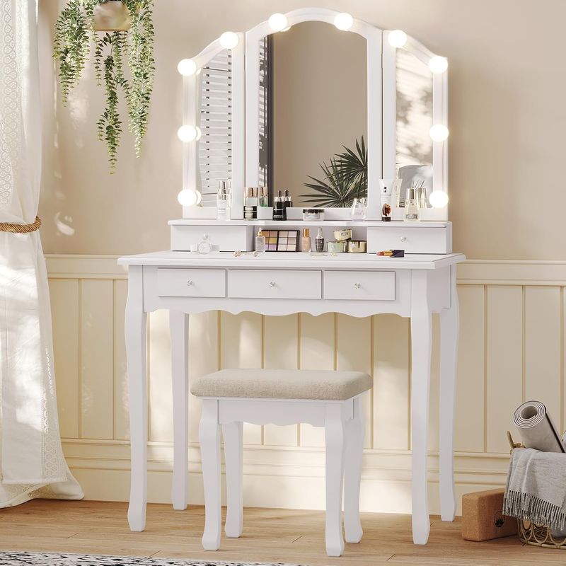ELEMENT DESIGN - Tocador con Espejo Tríptico Iluminado y Taburete Acolchado Blanco