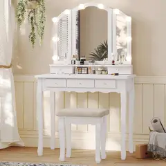 ELEMENT DESIGN - Tocador con Espejo Tríptico Iluminado y Taburete Acolchado Blanco