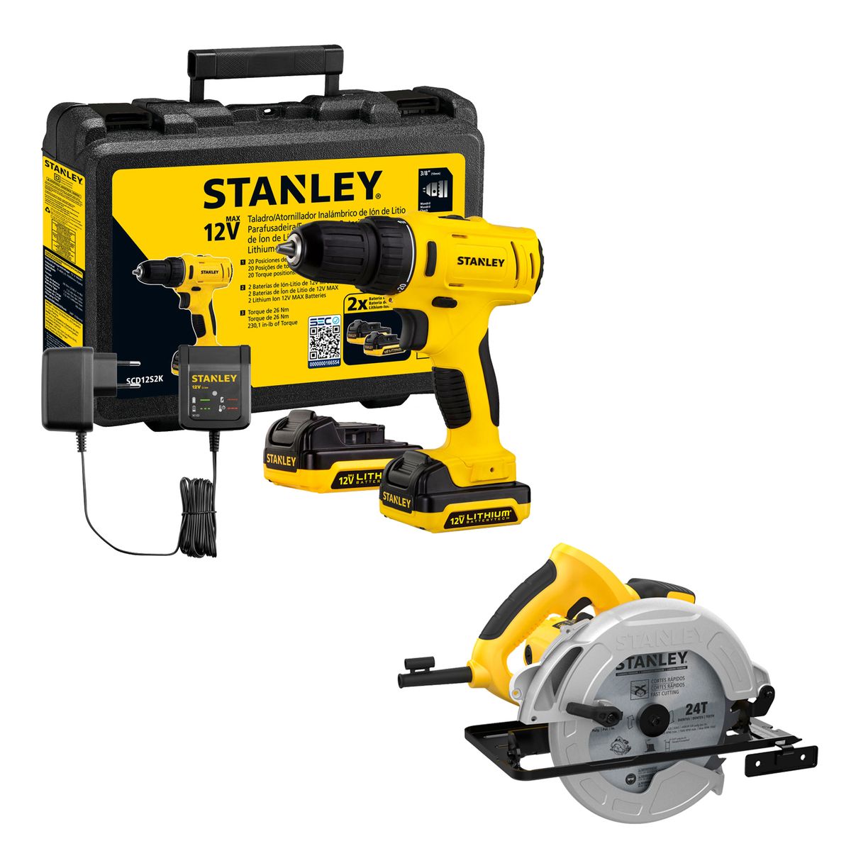 STANLEY - Kit Taladro Rotación 12V + Sierra Circular 1600W STANLEY