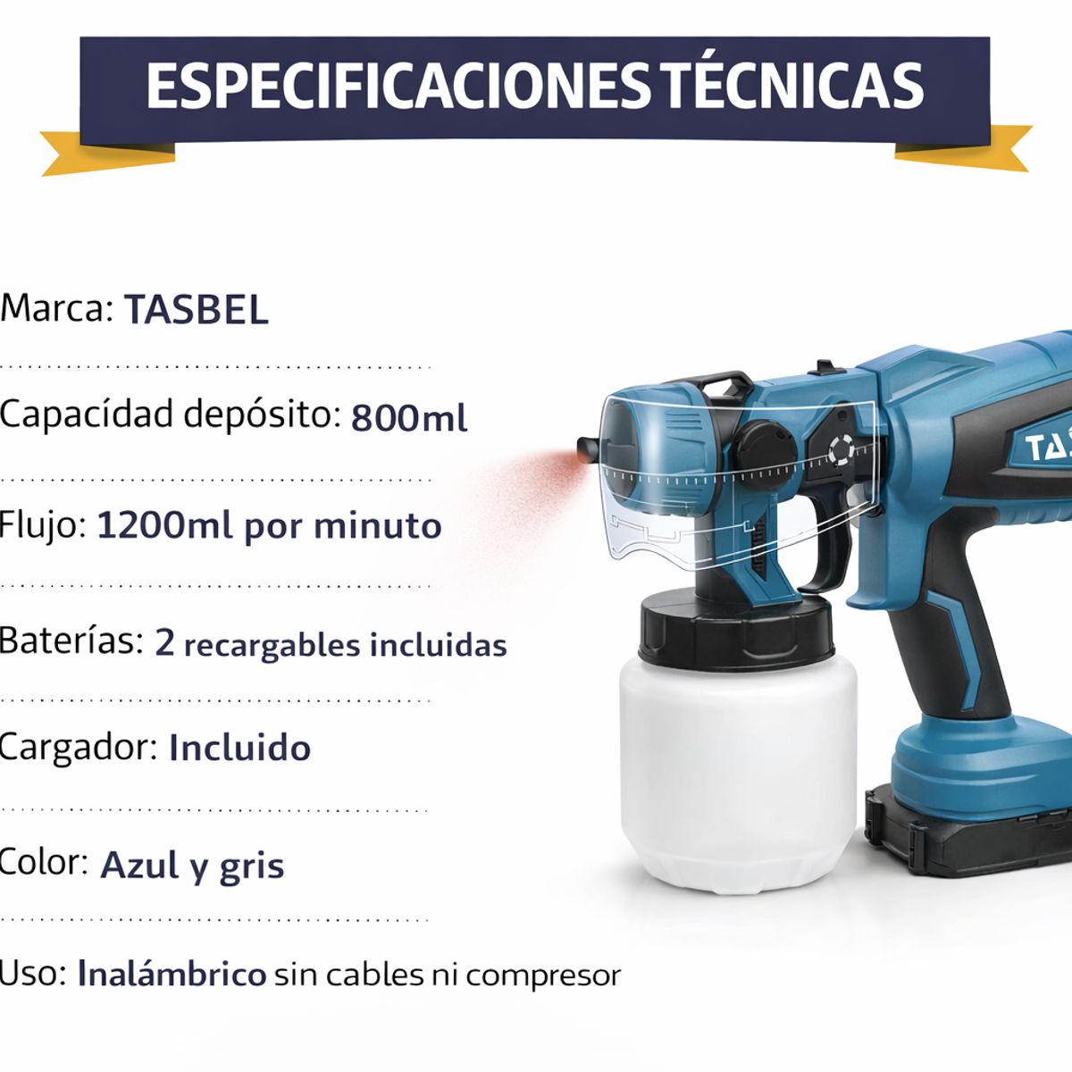 TASBEL - Pistola Pintura Inalambrica TASBEL 800ml 2 Baterias Recargable Compresor Pintar Casa