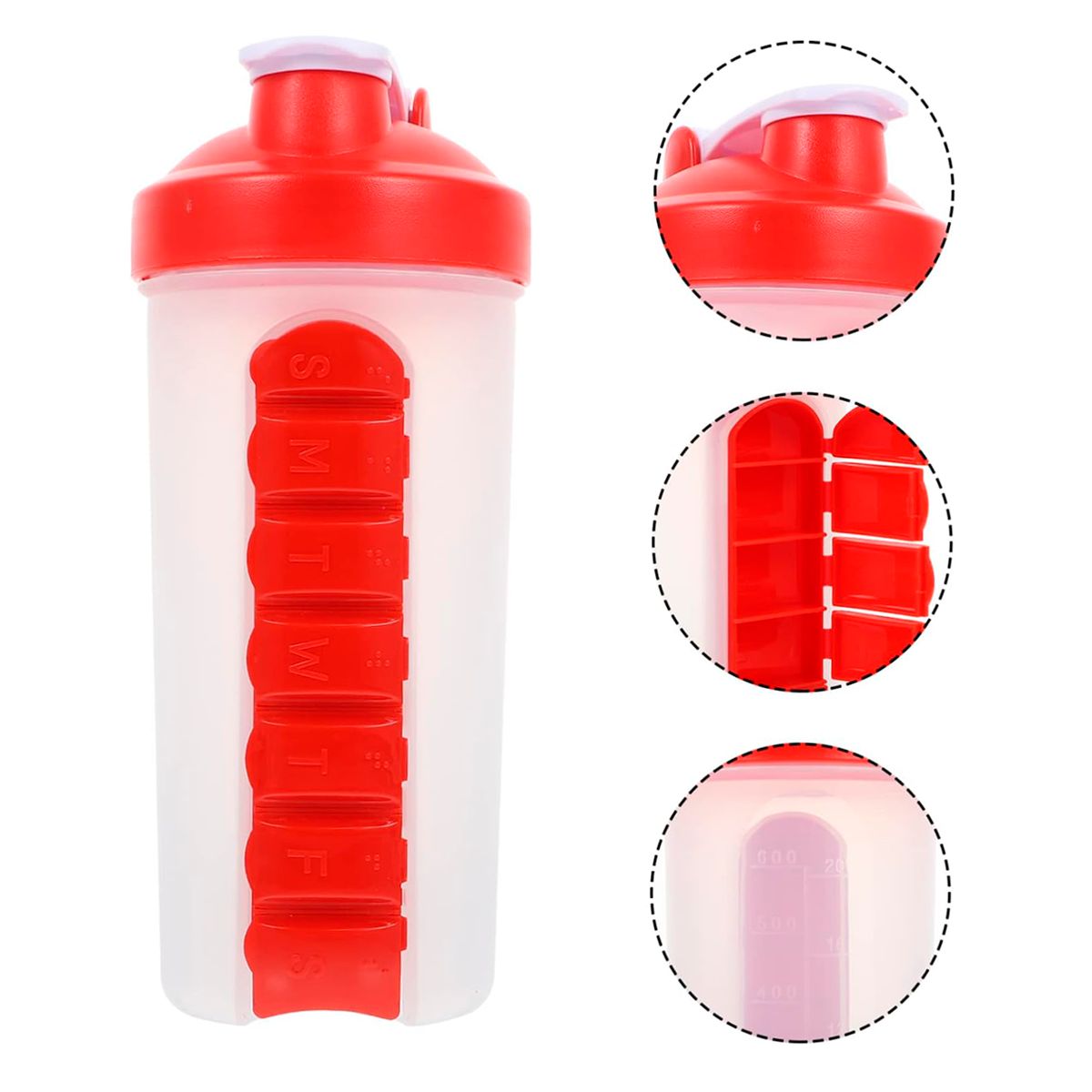 ONEDER - Botella De Agua 600ml + Pastillero Organizador De Pastilla Rojo