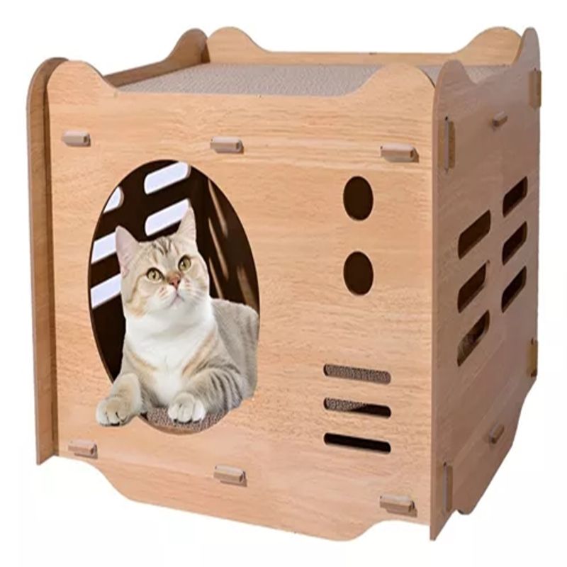 GENERICO - Cama Para Gatos Casa De Madera Rascador Color Crema