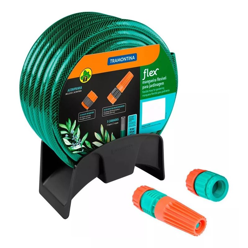 FLEX - Manguera Jardín Con Soporte De Pared Mas Adaptadores 18 Mts