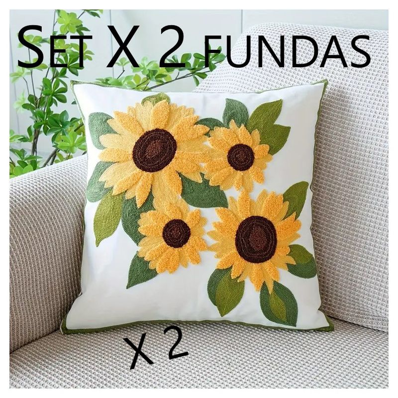 COMPRAPO - Set Pack X 2 Fundas para Cojín Bordado 4 Girasoles 45x45 cm