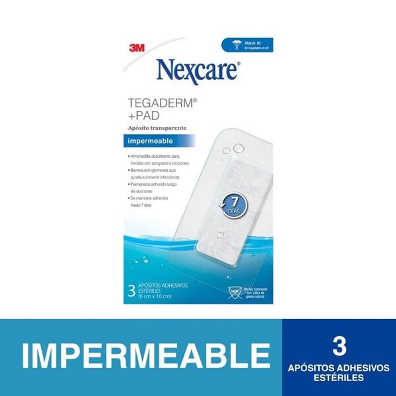 NEXCARE - Nexcare Tegaderm + Pad Apositos Adhesivos transparente Impermeable 7 Dias 6cm x 10cm 3