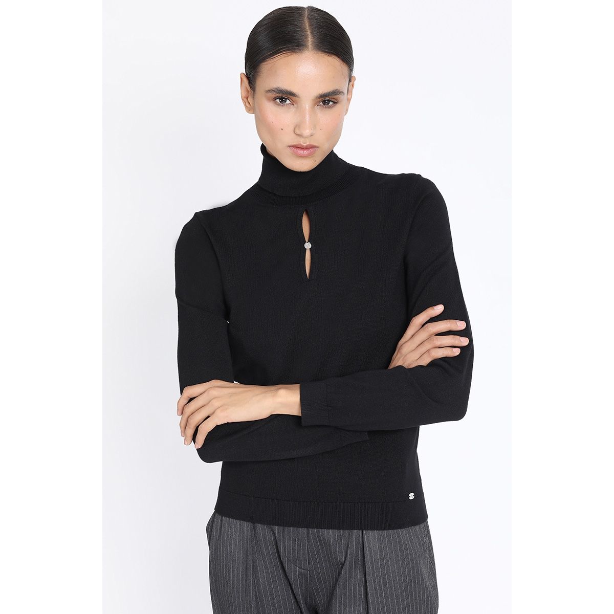 LIOLA - Tejido Punto Escote Boton Joya, Negro Liola