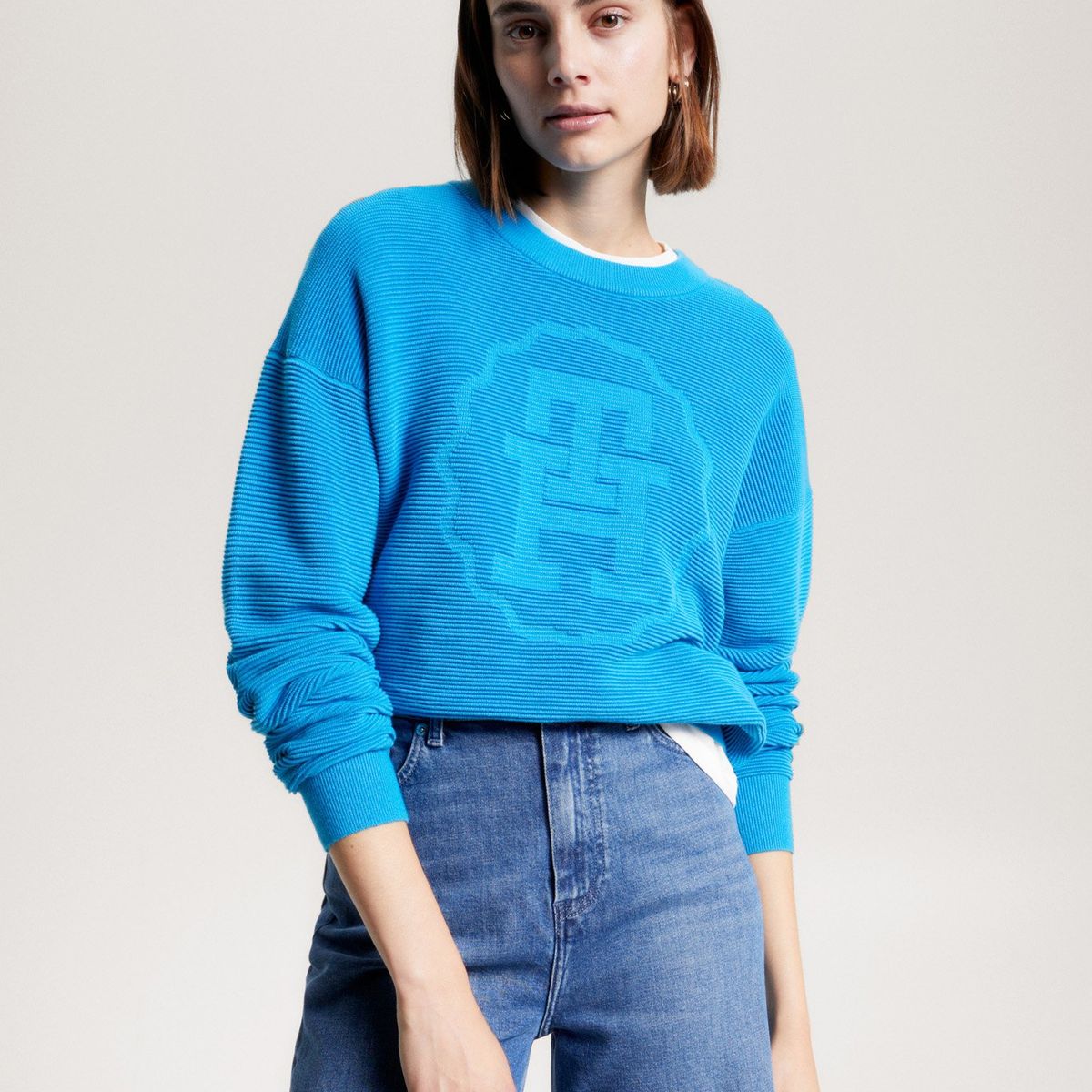 TOMMY HILFIGER - Sweater Relaxed Con Logo Tonal Azul Tommy Hilfiger