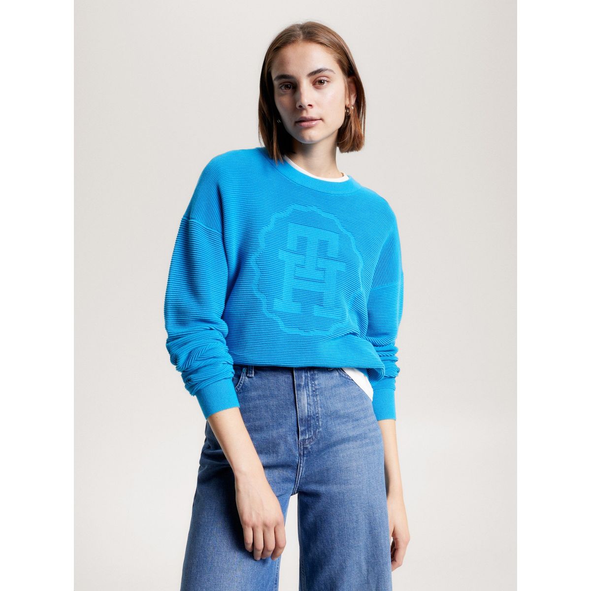 TOMMY HILFIGER - Sweater Relaxed Con Logo Tonal Azul Tommy Hilfiger