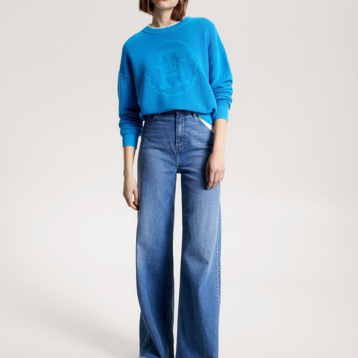 TOMMY HILFIGER - Sweater Relaxed Con Logo Tonal Azul Tommy Hilfiger