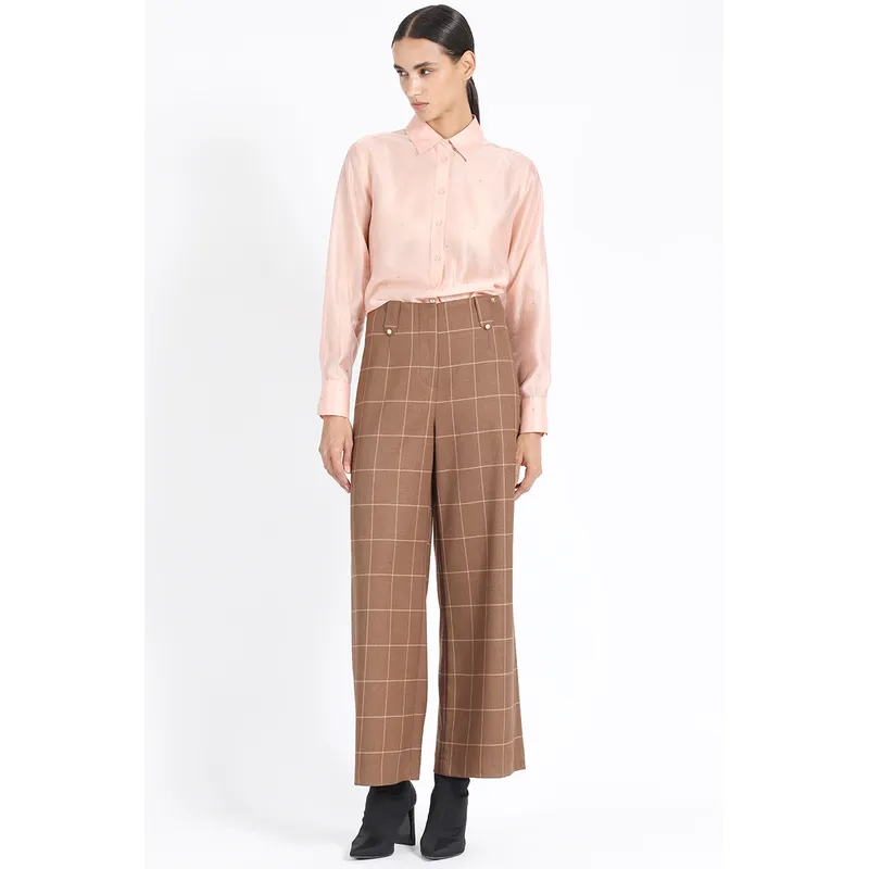 LIOLA - Pantalon Ancho Tiro Alto, Cuadros, Café Liola
