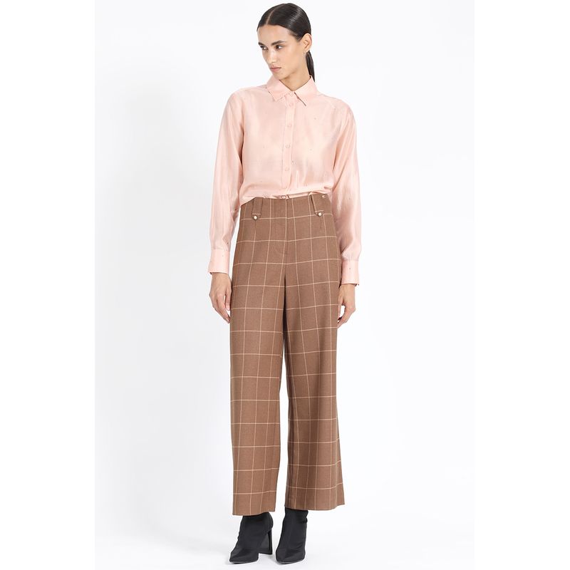 LIOLA - Pantalon Ancho Tiro Alto, Cuadros, Café Liola