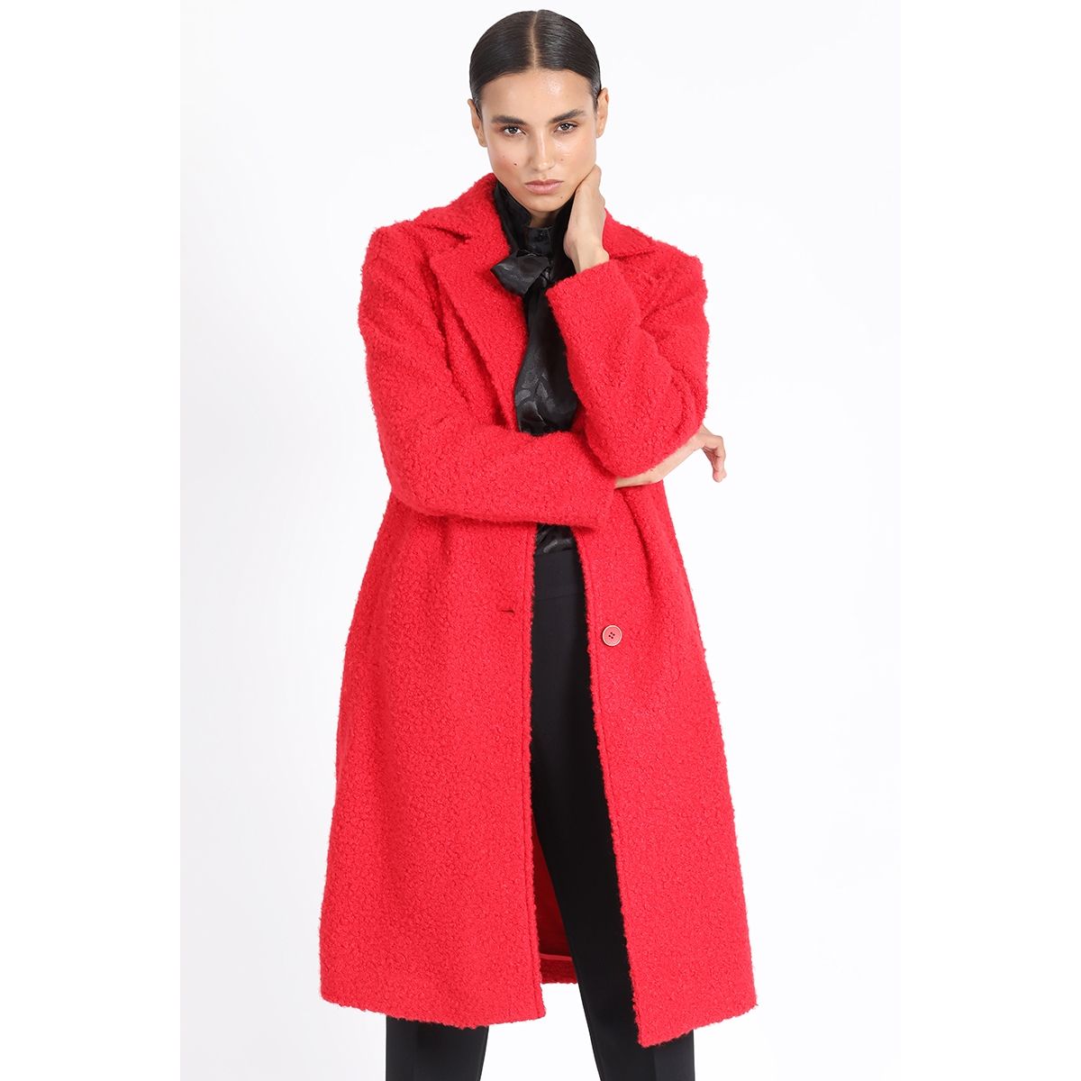 LIOLA - Abrigo Largo Fantasia Boucle, Rojo Liola