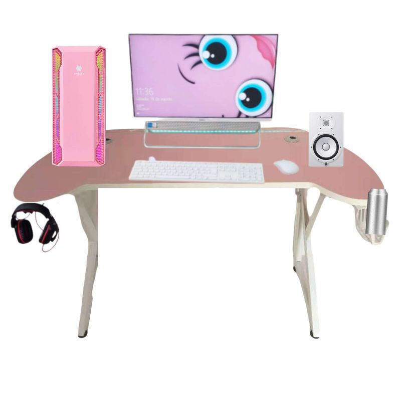 SM - Escritorio Gamer U ROSADO 140 CM con luz LED patas de fierro