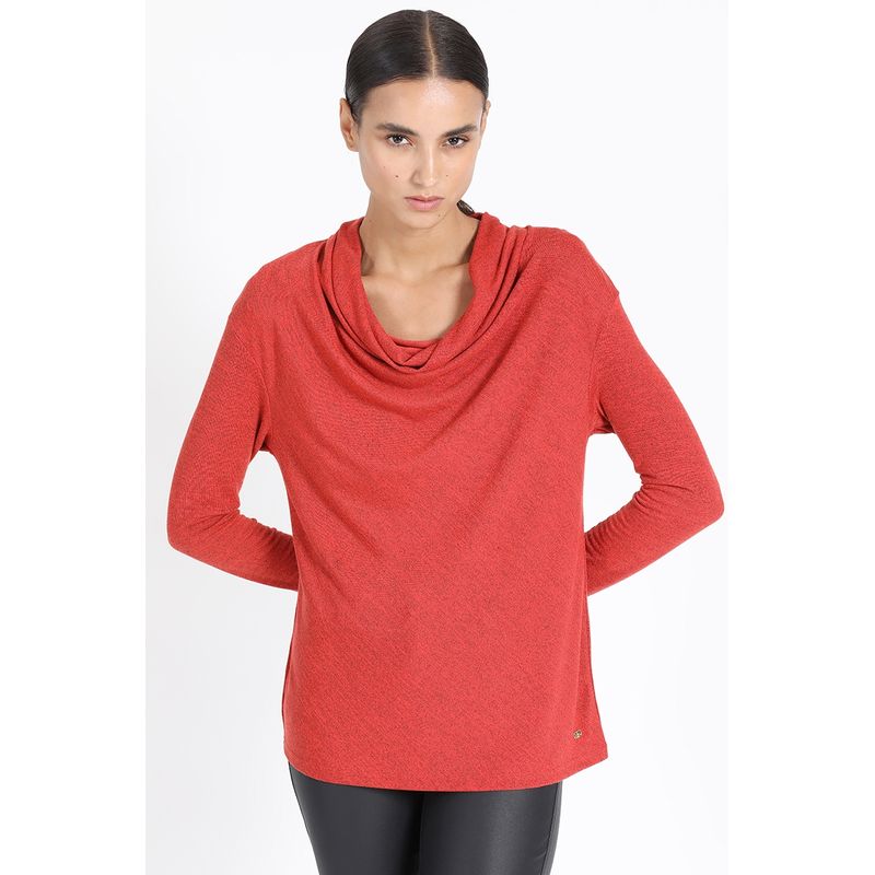 LIOLA - Top Jersey Melange, Cuello Drapeado, Naranjo Liola