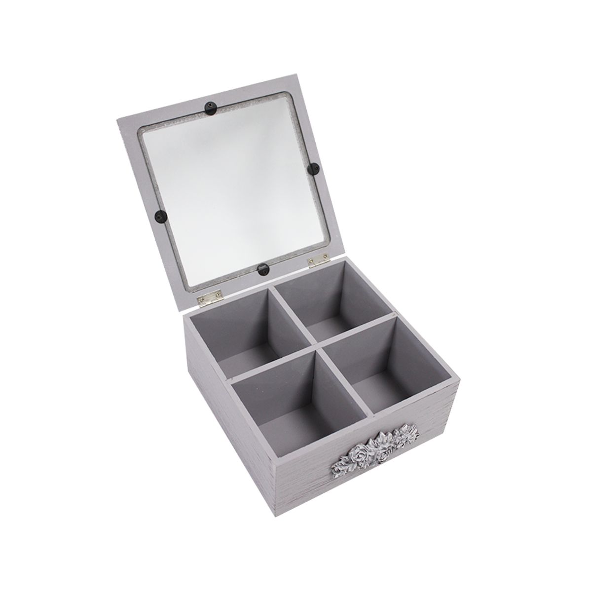 NEWTREE - Caja Porta Te Madera Rustico 4 Separadores Gris Rustico 18x18x9cm