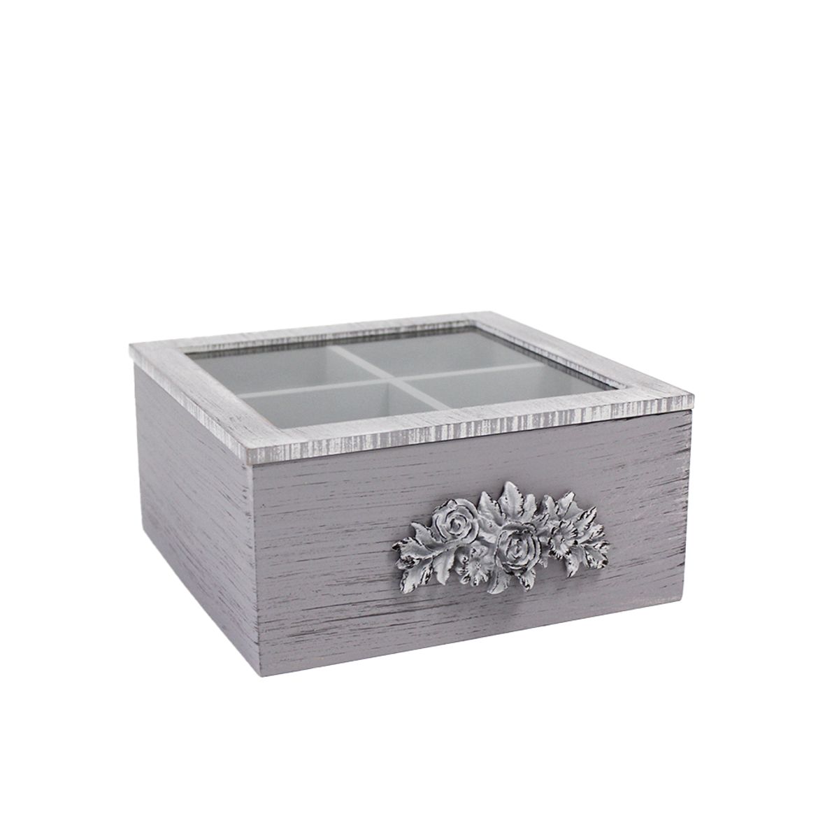 NEWTREE - Caja Porta Te Madera Rustico 4 Separadores Gris Rustico 18x18x9cm